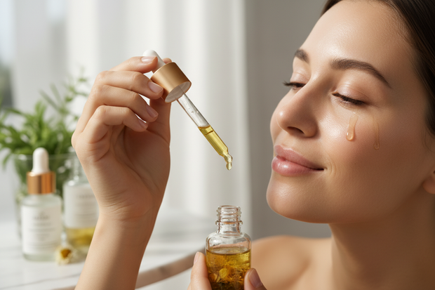 girl using oil dropper on her face